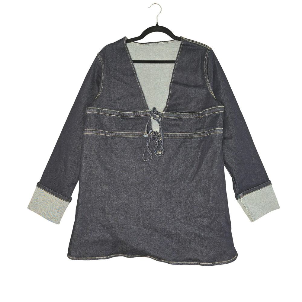 Missguided Denim Tunic Dress Womens Small Blue Deep V Neck Long Sleeve Club NEW